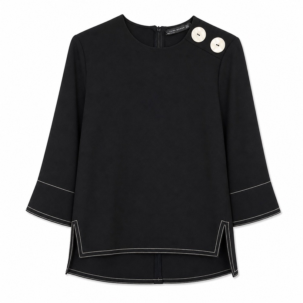 Zara Black Tunic with Contrast Stitching and Ivory Buttons